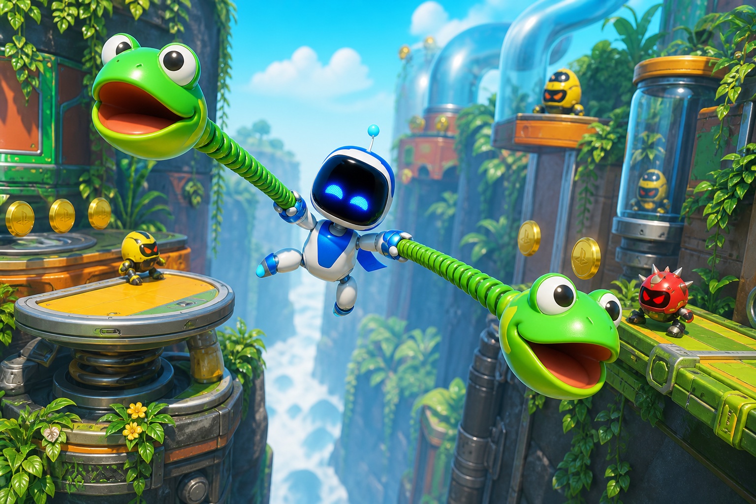 Original illustration af Astro Bot, der svinger over en afgrund med de grønne Twin-Frog Gloves på en mekanisk jungleplanet