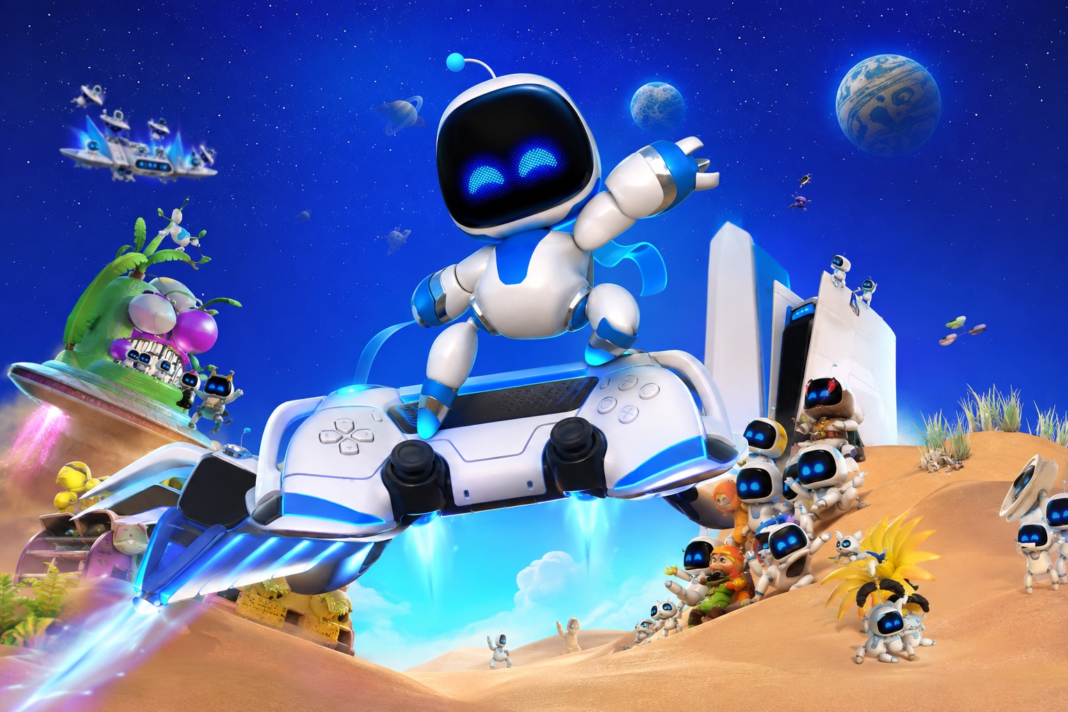 Original farverig illustration af Astro Bot på sin DualSense-formede Dual Speeder foran PS5-moderskibet og en stor flok reddede botter