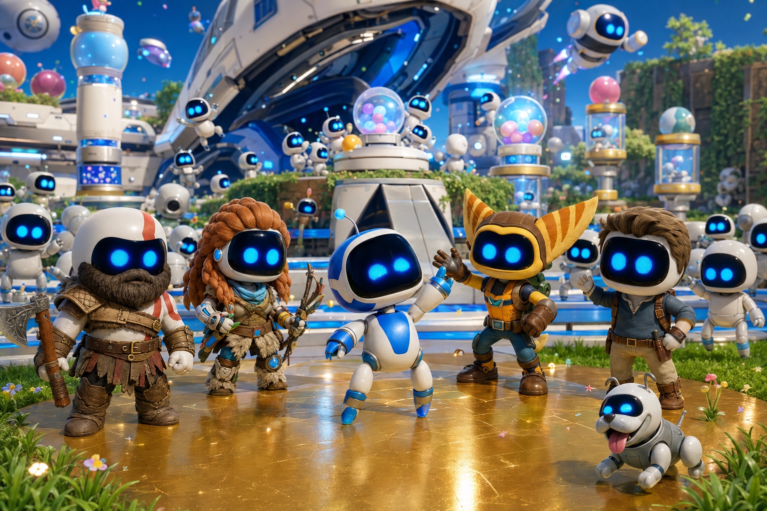 Original illustration af Astro Bot i crash-site-hubben sammen med VIP-botter klædt som Kratos, Aloy, Ratchet og Nathan Drake